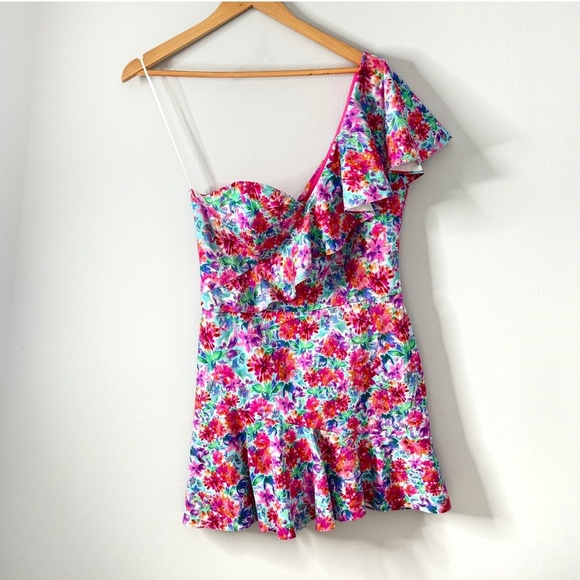 Amanda Uprichard Mini Dress One Shoulder Floral Watercolor Cotton Size Large - Picture 2 of 16